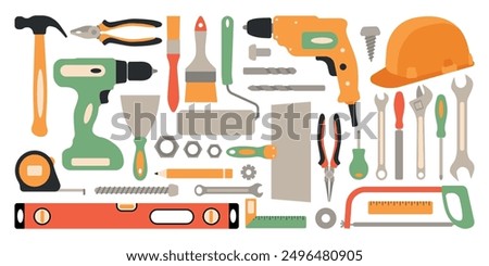 Construction tools big set. Work tool for repair, painter, builder. Isolated vector illustration in clip art style