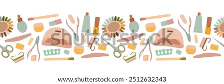 Manicure tool seamless border. Nail dryer, gel polish, shellac, nail file, scissors and other elements. Isolated vector illustration for your design