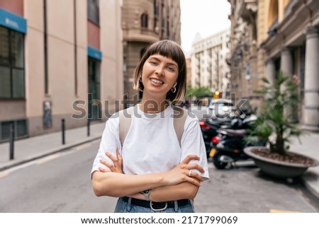 Similar – Image, Stock Photo Teenager girl with backpack and bike on metro station