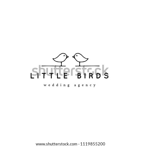 Vector hand drawn logo template in elegant and minimal style. Two birds with a text sample. For badges, labels, logotypes and branding business identity. Feminine black on white isolated symbol.