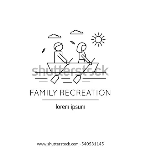 Vector thin line icon, two people sailing boat. Metaphor of family recreation and happy couple. Black on white isolated symbol. Simple mono linear modern design.