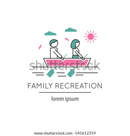 Vector thin line icon, two people sailing boat. Metaphor of family communication and mutual understanding. Colored isolated symbol. Simple mono linear modern design.