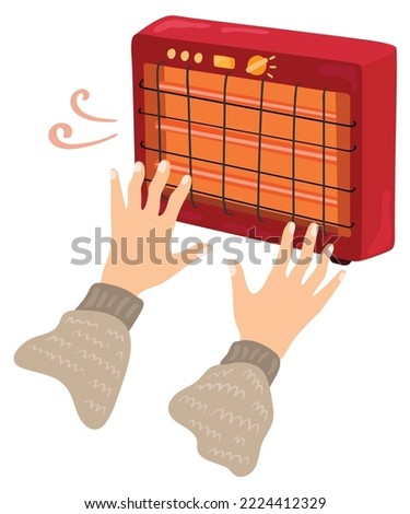 Human hands warming up with red electric heater. Hand drawn vector illustration. Suitable for website, stickers, postcards.