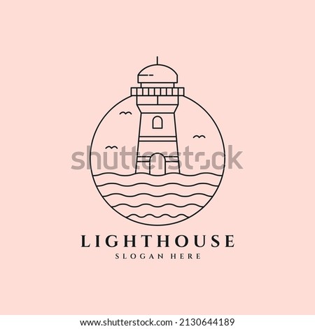 lighthouse line art logo with the water and birds vector symbol illustration design