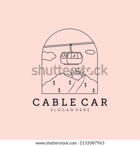 cable car line art with mountain view logo vector symbol illustration design, emblem badge design