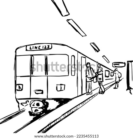 a subway train stops in the station and people get on and off hand drawn. isolated vector graphic.
