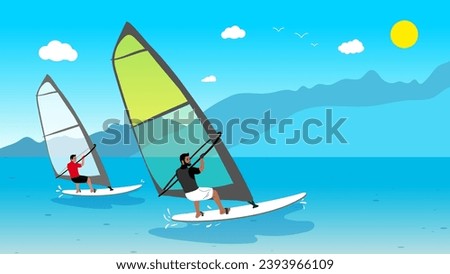 Windsurfing lessons. Two guys are windsurfing. Flat vector illustration