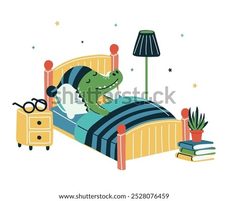 A cute alligator sleeps in a bed under a striped blanket in a cozy bedroom.