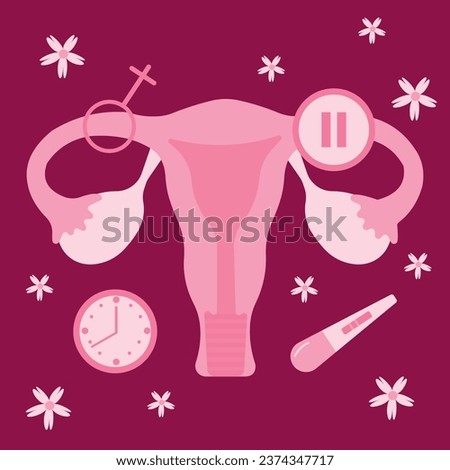 Women's health, menopause, conceiving a child on time. World Menopause Day. The concept of medicine, gynecology. Female uterus with clock, pregnancy test and pause sign. Vector illustration on a pink