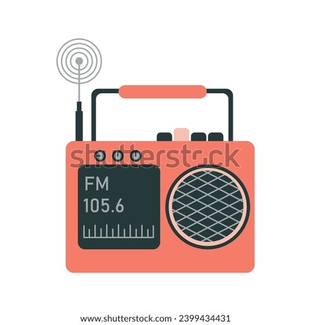 The radio is orange, vintage, with a radio wave on a small screen, a pressed button, an antenna and a carrying handle. Vector illustration for icon, logo, emblem.