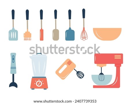 Set of kitchen items for baking. Kitchenware. Vector flat illustration mixer, planetary mixer, blender, bowl.
