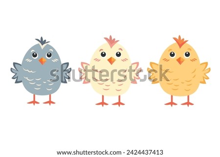 Set of three cute yellow, pink and gray Easter chicks isolated on a white background. Vector illustration, eps 10