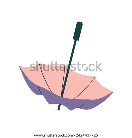 An open purple umbrella, upside down. One hand drawn umbrella. Vector flat illustration, icons, badge.