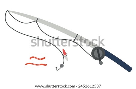 Fishing rod with worms on a transparent background. Vector illustration of fishing items in flat style