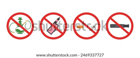 NO SMOKING sign. NO WIPE sign. Sign NO to Electronic Cigarette, Sign NO to Hookah. Vector illustration of prohibition signs of different types of smoking, eps 10. 3D Illustration