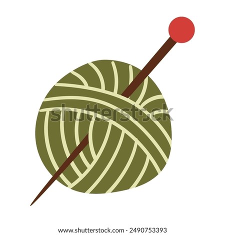 Green ball of wool yarn and knitting needle. Yarn vector icon, eps 10.