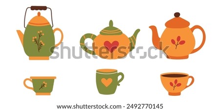 Set of teapots and cups drawn by hand in a cartoon style. Tea party with vintage teapots and cups. Vector illustration