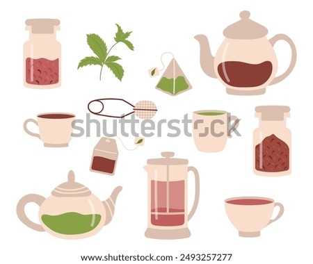 Set of different teas. Green, black, red tea in Glass cups and teapots of various shapes. Tea bags and jars of tea. Vector illustration for greeting card, banner, advertisement, menu.