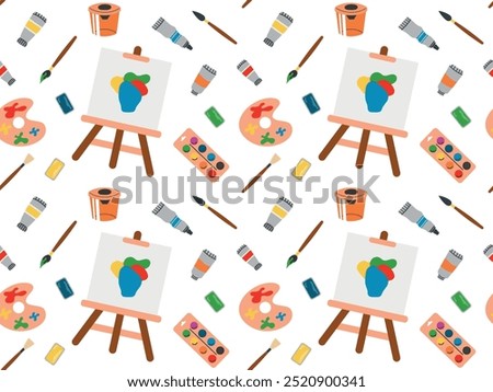 Seamless pattern with easel, paints and different brushes. Vector illustration for art studios, design, wrapping paper, textiles