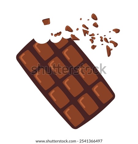 Chocolate bar with a bitten off piece. Sweet chocolate candy, cocoa sugar dessert. Tasty delicious confectionery. Flat cartoon vector illustration isolated on white background