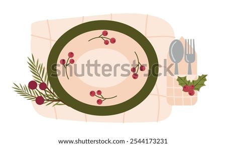 Beige plate with green rim and beautiful Christmas pattern with fork and spoon, top view. Plate with fir branch on serving napkin and cutlery in special envelope with mistletoe. Vector illustration