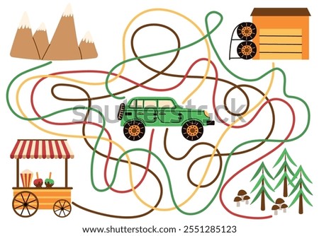 Play mat for kids with SUV car. Vector labyrinth with garage, forest, mountains. Cartoon car trip. game for kids. Children's play mat.