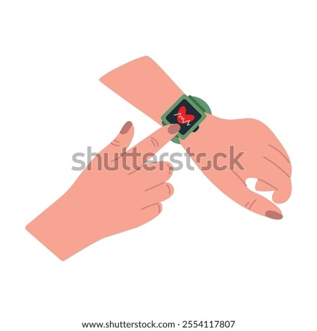 Hands checking heart rate on smart watch after doing sports. NFC, smartphone, smart watch and QR code technologies. Hand drawn vector illustration in flat style