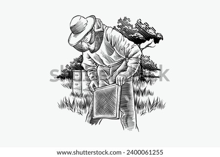 vector illustration of a person harvesting honey in nature, with engraving style