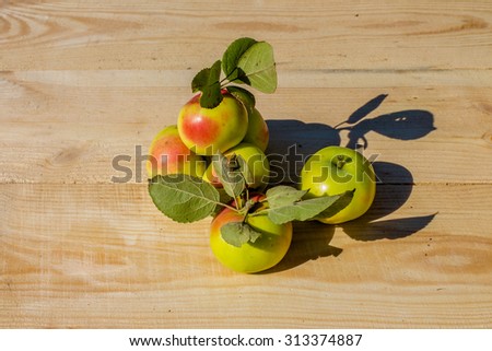 Garden fresh red and green apples on a light wooden table from unplaned boards