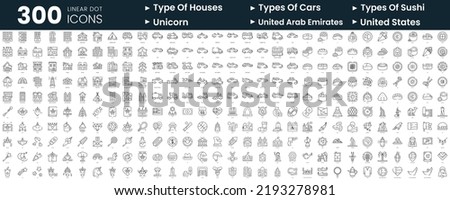 Set of 300 thin line icons set. In this bundle include type of houses, types of cars, types of sushi, unicorn, united states, united arab emirates