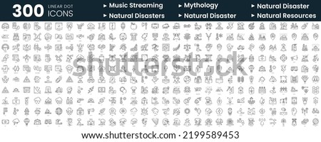 Set of 300 thin line icons set. In this bundle include music streaming, mythology, natural disaster, natural resources