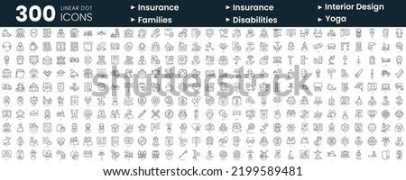 Set of 300 thin line icons set. In this bundle include insurance, interior design, international day of families, international day of persons with disabilities, international day of yoga