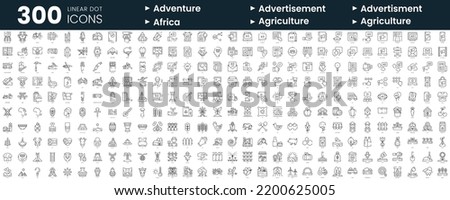 Set of 300 thin line icons set. In this bundle include adventure, advertisement, africa, agriculture