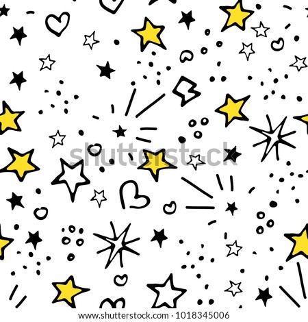 Vector Seamless Pattern. Backdrop for Boys Girls textiles wrapping paper. Summer Spring Mood. Stars Universal Pattern. Modern Background Design. Bright Images