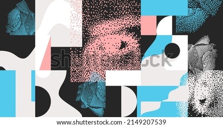 Modern Abstract Pattern Horizontal Background With Grunge Transition Texture, Geometric Shapes Elements Objects, Bold Composition. Design Item For Magazine, Leaflet, Billboard, Sale