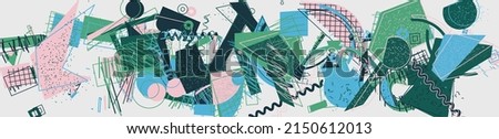 Unusual Strange Vector  Trendy Geometric Chaos Shapes Composition Background In Antidesign Maximalism Collage Teknik. Acid Figures, Distortion, Variety Of Kinks And Transformations.