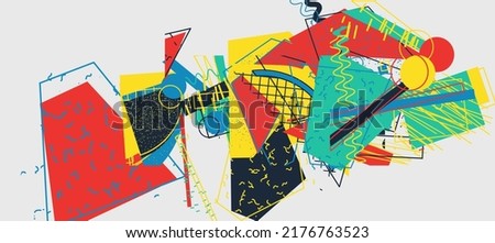 Unusual Strange Vector  Trendy Geometric Chaos Shapes Composition Background In Antidesign Maximalism Collage Teknik. Acid Figures, Distortion, Variety Of Kinks And Transformations.