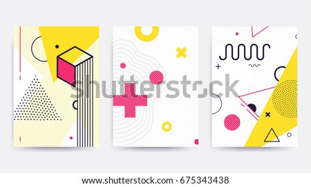 Colorful trend Neo Memphis geometric pattern set juxtaposed with bright bold blocks of color zig zags, squiggles, erratic images. Design background elements composition. Magazine, leaflet, billboard