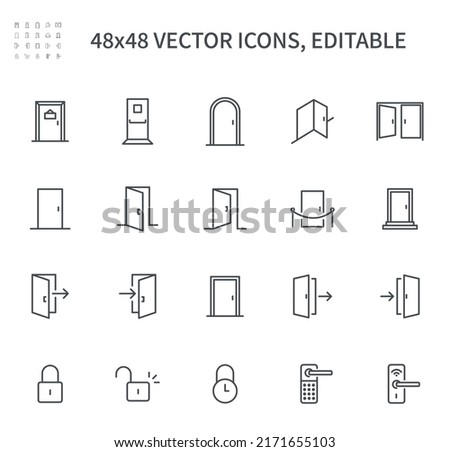 Simple vector line icons. On The Theme Of Doors Contains Icons Such As Doors, Entrance, Exit, Door Arch, Emergency Exit And More.