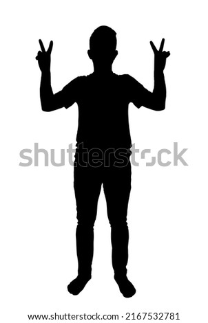 Man making victory sign with two hands vector silhouette, peace and victory, isolated on white background, fill with black color, shadow idea, sign and symbol concept