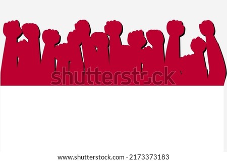 Indonesia flag with raised protest hands vector, country flag logo, Indonesia protesting concept, flat design, against idea