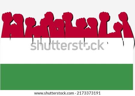 Hungary flag with raised protest hands vector, country flag logo, Hungary protesting concept, flat design, against idea