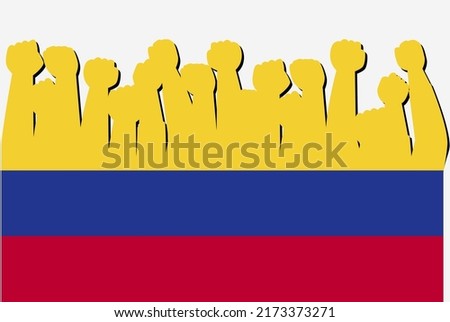 Colombia flag with raised protest hands vector, country flag logo, Colombia protesting concept, flat design, against idea