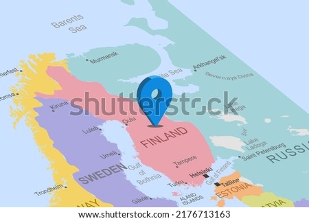 Finland with blue placeholder pin on europe map, close up Finland, colorful map with location icon, travel idea, vacation and road trip concept, pinned destination, top view