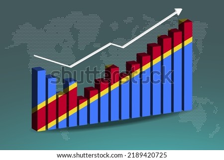 Congo Democratic Republic 3D bar chart graph with ups and downs, increasing values, Congo Democratic Republic country flag on 3D bar graph, upward rising arrow on data, news banner idea