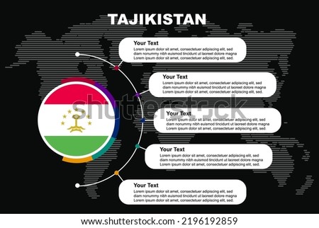 Tajikistan circle infographic with information text spaces, black background with world map, Tajikistan circle country flag, presentation graphic idea, info and data template for countries