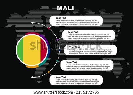 Mali circle infographic with information text spaces, black background with world map, Mali circle country flag, presentation graphic idea, info and data template for countries