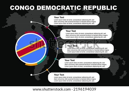 Congo Democratic Republic circle infographic with information text spaces, black background with world map, Congo circle country flag, presentation graphic idea, info and data temp