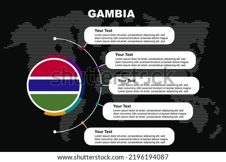 Gambia circle infographic with information text spaces, black background with world map, Gambia circle country flag, presentation graphic idea, info and data template for countries