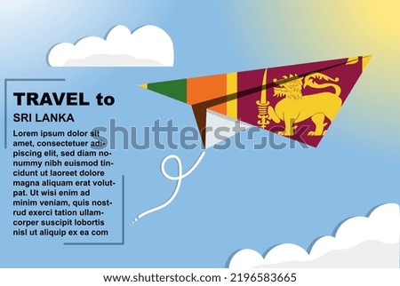 Sri Lanka travel vector banner with paper flag and text space, Sri Lanka country flag on paper plane, holiday and vacation concept, summer travel template and pattern, flight ticket idea